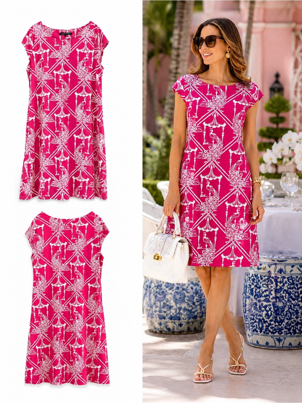 Barbara Erickson Sz XL Pink White Peacock Chinoiserie Shift Dress Resort Cruise